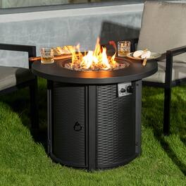 Nuu Garden - Patio 30'' Round Propane Fire Pit Table with Lid and Lava Rocks - Black