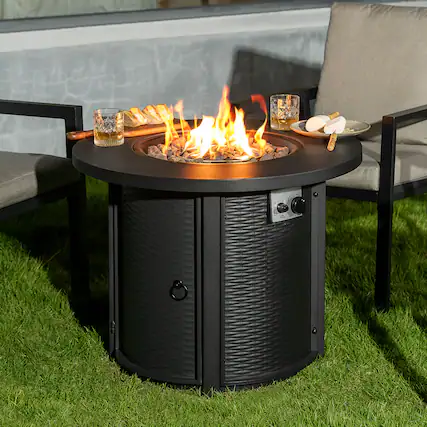 Front. Nuu Garden - Nuu Garden Patio 30'' Round Propane Fire Pit Table with Lid and Lava Rocks - Black.