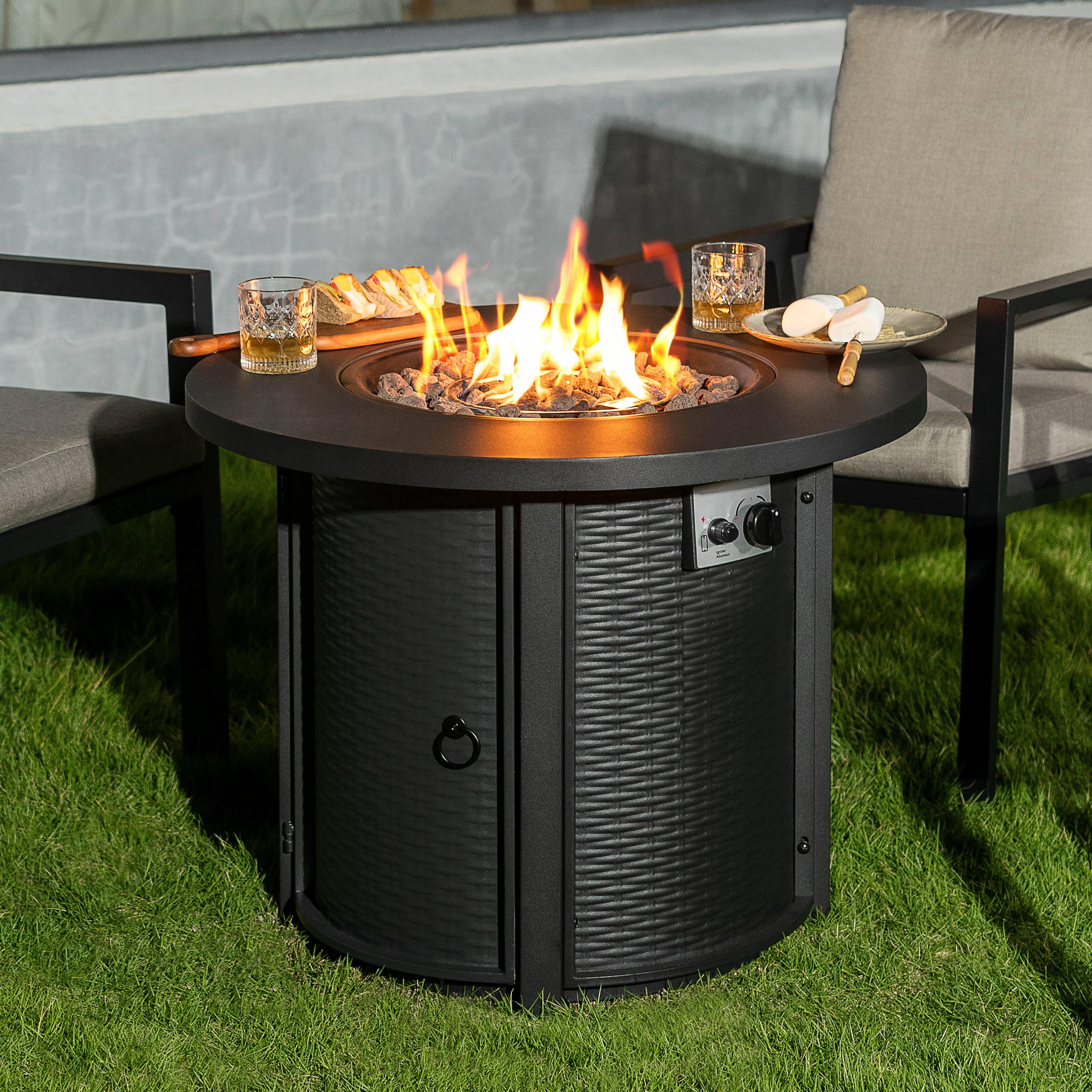 Front. Nuu Garden - Nuu Garden Patio 30'' Round Propane Fire Pit Table with Lid and Lava Rocks - Black.