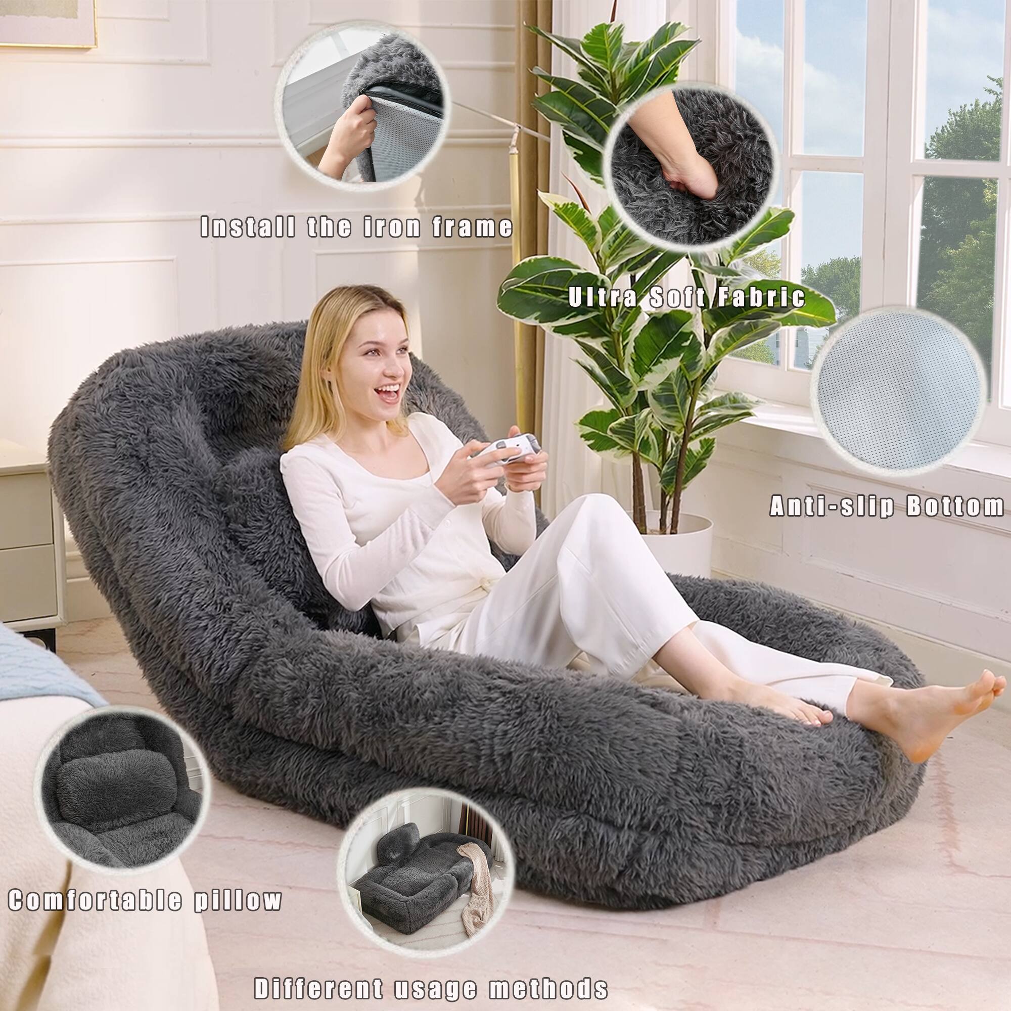 Install the iron frame  
Ultra Soft Fabric  
Anti-slip Bottom  
Comfortable pillow  
Different usage methods