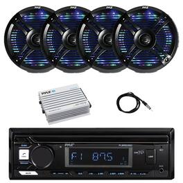 Pyle - Marine Bluetooth Stereo Receiver, 4x 6.5" 250W Multi-Color LED Waterproof Speakers, Bluetooth Amplifier, Antenna