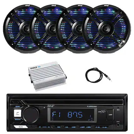 PYLE PYLE PYLE PYLE PYLE MARINE PLAINALIBIT T ams WTYS CSRC CALL BNDAMS IR PYLE FI I > PLMRB29B2 sOw 875 : B C 4 USB MIC AUX MUTE H - CLK 1 HI 2 INT a PT 4 SDM . -10 .10