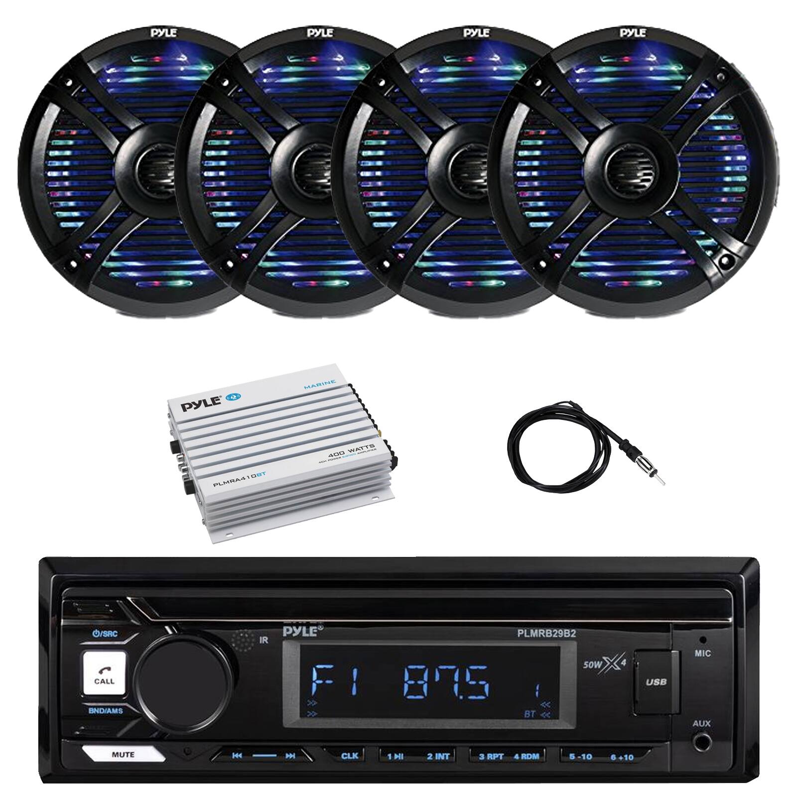 PYLE PYLE PYLE PYLE PYLE MARINE PLAINALIBIT T ams WTYS CSRC CALL BNDAMS IR PYLE FI I > PLMRB29B2 sOw 875 : B C 4 USB MIC AUX MUTE H - CLK 1 HI 2 INT a PT 4 SDM . -10 .10