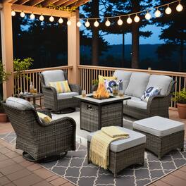 Ovios - 7 PCS Patio Furniture Conversation Set with 30" Fire Pit High Back Swivel Chair & Side Table - Gray(Gray Wicker)