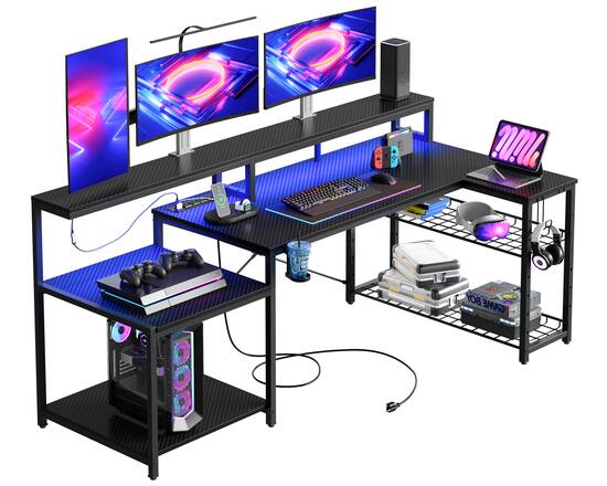 Bestier L-Shaped LED Gaming Desk with Power Outlet Black