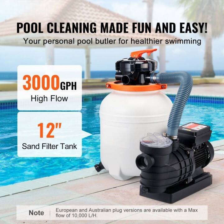 POOL CLEANING MADE FUN AND EASY!  
Your personal pool butler for healthier swimming  

3000 GPH  
High Flow  

12"  
Sand Filter Tank  

Note: European and Australian plug versions are available with a Max flow of 10,000 L/H.