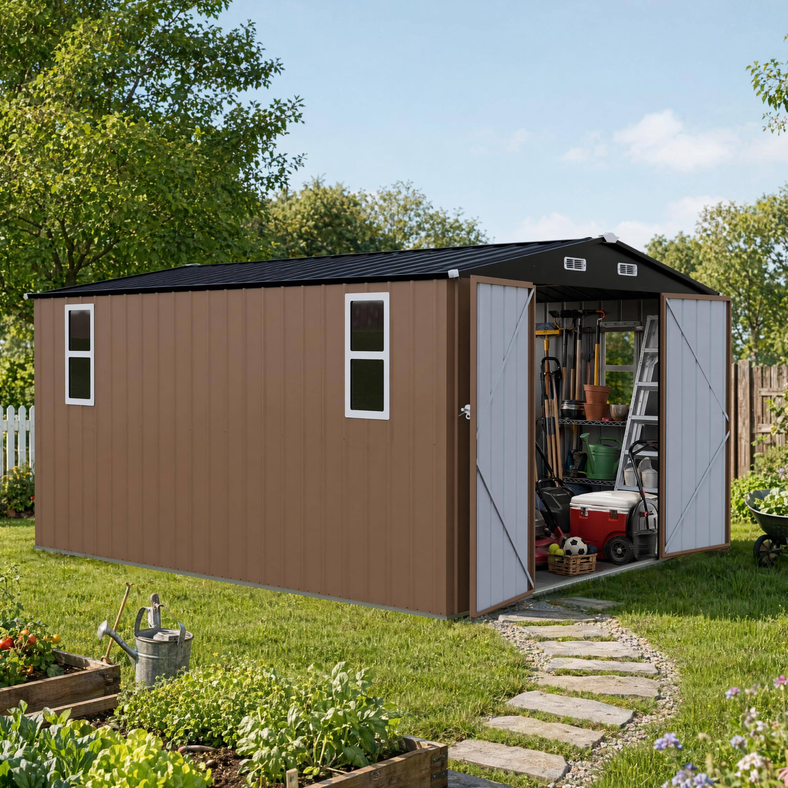Left. LAUSAINT HOME - 10x12 FT Galvanized Steel Shed with Windows  Double Lockable Doors  Gable Roof and Vent for Backyard Patio - Brown.