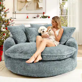 Anysun - Oversized Round Comfortable Chenille Foam Chair with Pillows - Blue Gray