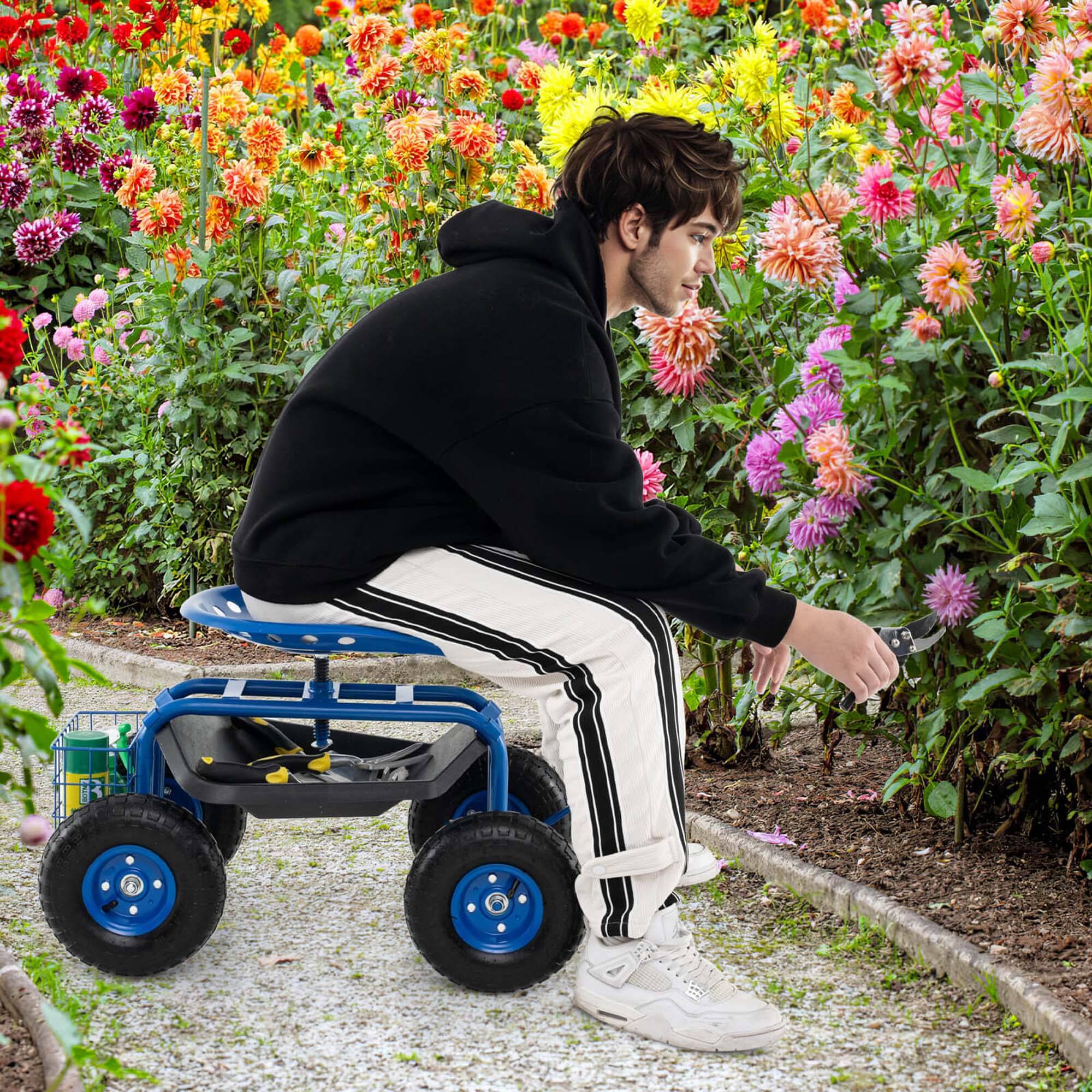 Alt View 3. Costway - Costway Garden Cart Patio Wagon Rolling Work Seat with Tool Tray Basket Planting - Blue.