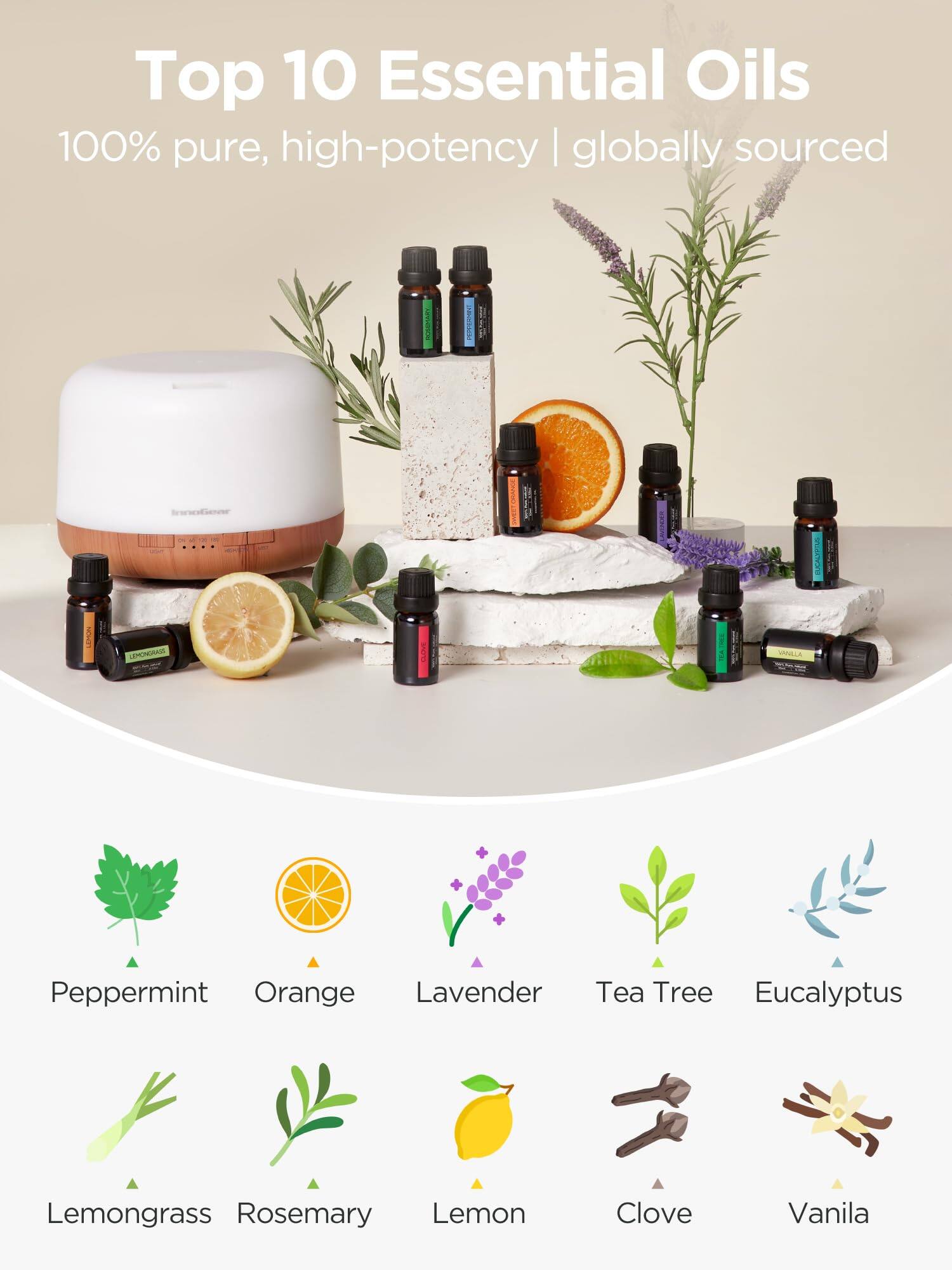 Top 10 Essential Oils  
100% pure, high-potency | globally sourced  

- Peppermint  
- Orange  
- Lavender  
- Tea Tree  
- Eucalyptus  
- Lemongrass  
- Rosemary  
- Lemon  
- Clove  
- Vanilla