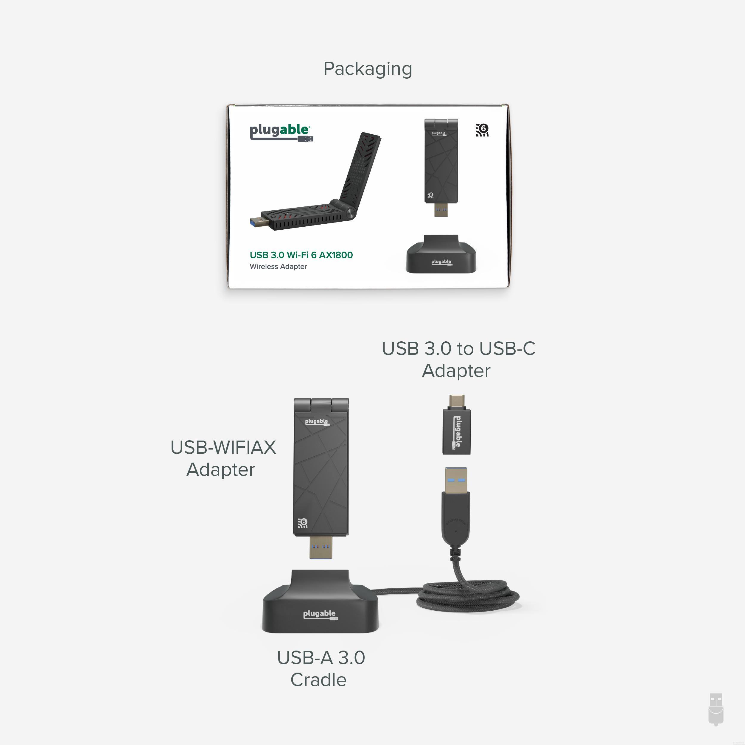 Packaging

- USB 3.0 Wi-Fi 6 AX1800 Wireless Adapter
- USB 3.0 to USB-C Adapter
- USB-WIFIAx Adapter
- USB-A 3.0 Cradle