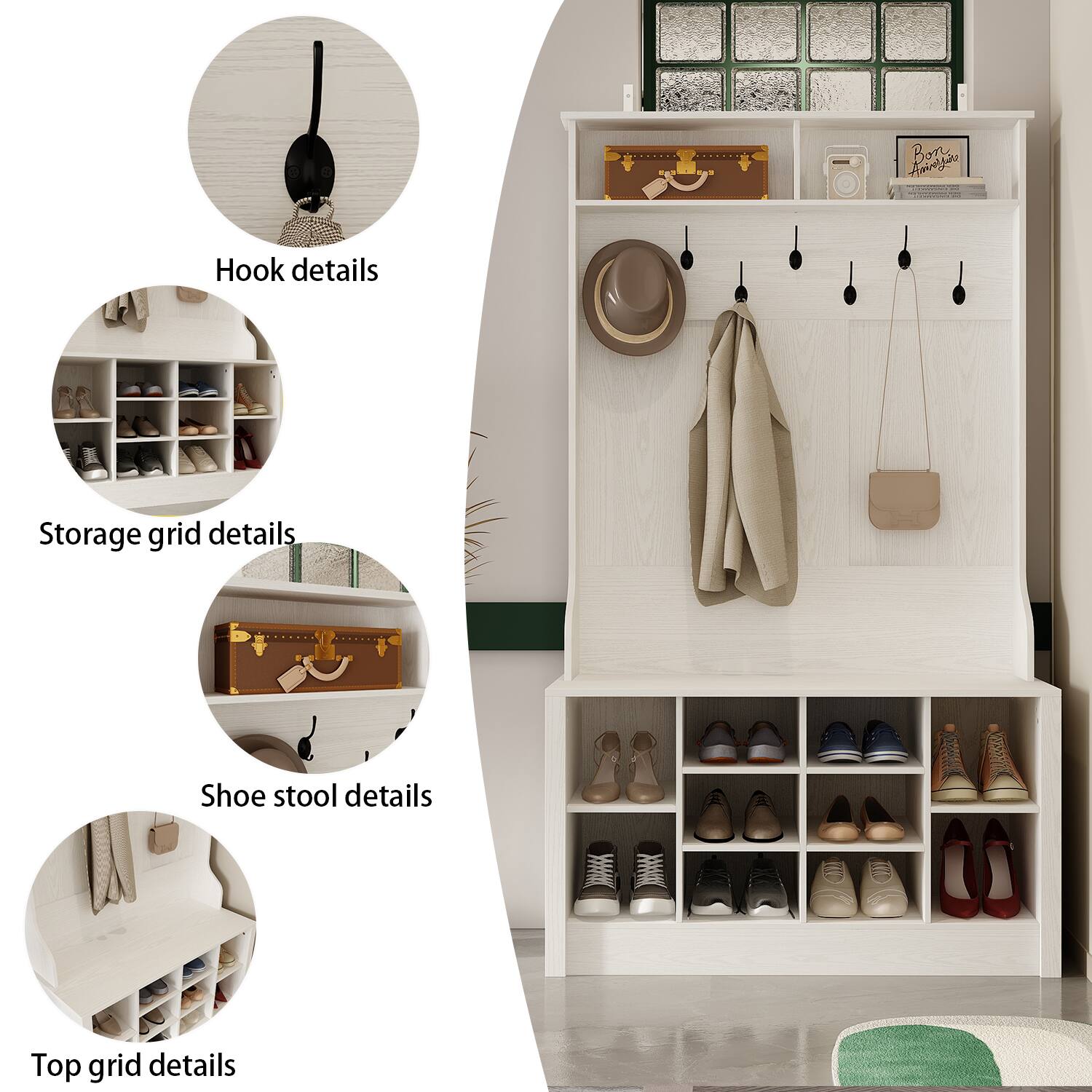 - Hook details
- Storage grid details
- Shoe stool details
- Top grid details