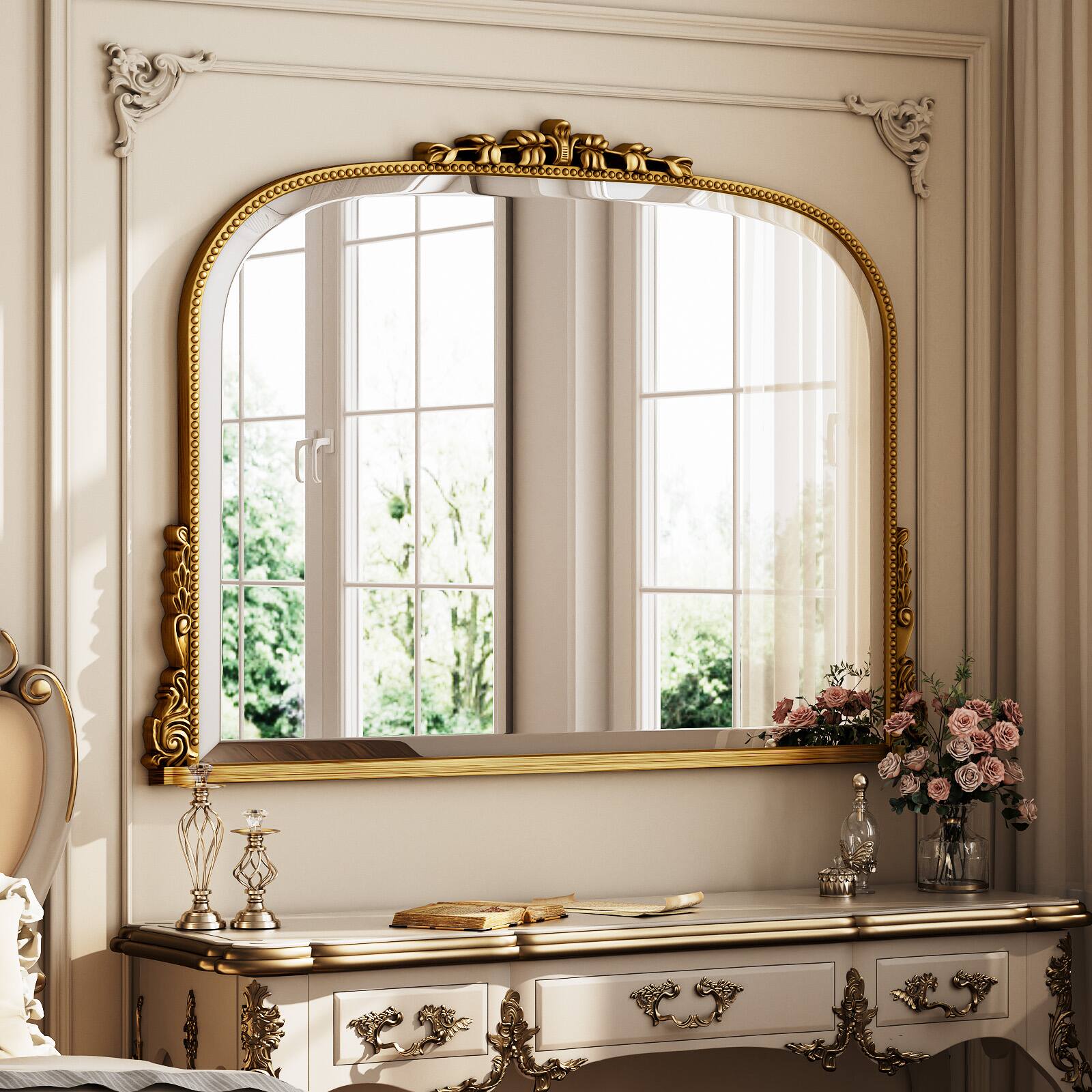 Angle. Easly - Antique Gold 32 in. W x 44 in. H Carved Arched PU Frame Vanity Wall Mirror - Gold.