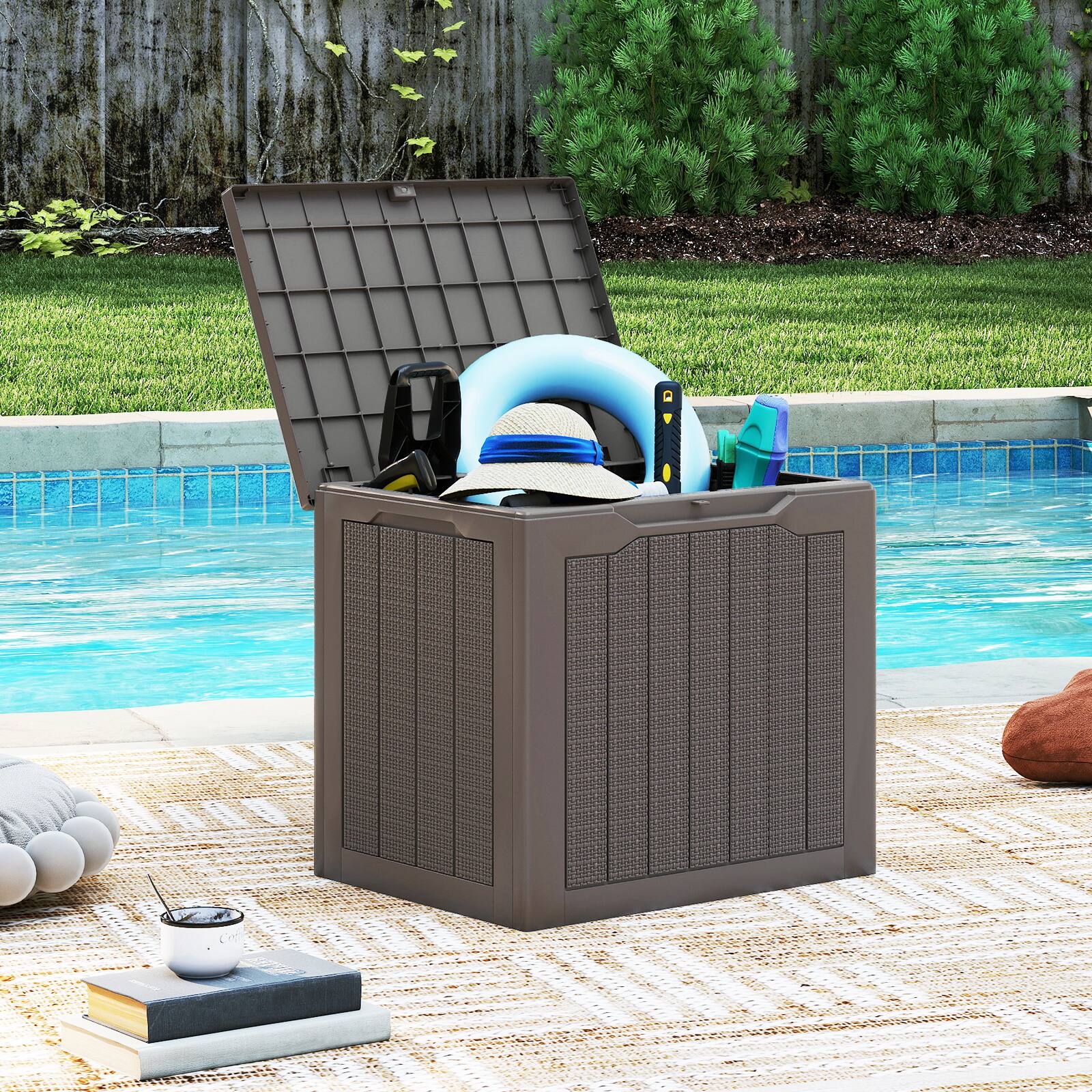 Alt View 1. Gymax - Gymax Outdoor Storage Box w/Lockable Lid & Wicker-woven Texture for Pool Accessories Brown - Brown.