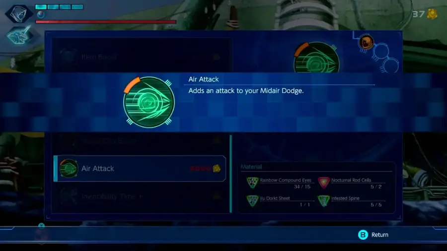 The text on the image is grouped and corrected as follows:

1. 37 Item Boost: 2500 Air Attack
2. Major Ora Boost: 3000 Air Attack
3. 2000 Material Invincibility Time + 3000 Rainbow Compound Eyes
4. 34 / 15 llu Dorkt Sheet 1 / 1
5. Nocturnal Rod Cells 5 / 2
6. Infested Spine 5 / 5
7. Return