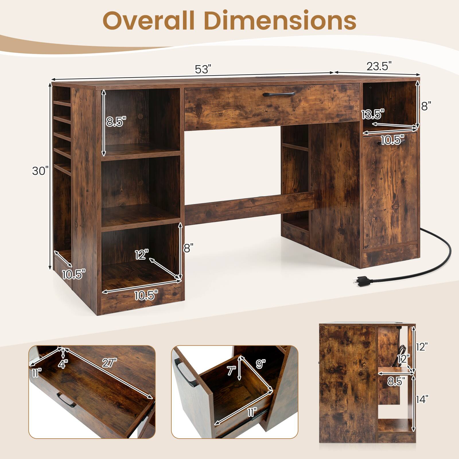 Overall Dimensions: 53" x 23.5" x 8.5" x 13.5" x 10.5" x 8" x 30" x 10.5" x 12" x 10.5" x 8" x 11" x 4" x 27" x 9" x 12" x 8.5" x 14"