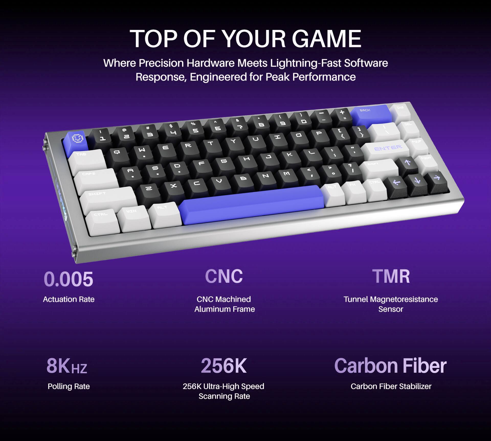 TOP OF YOUR GAME  
Where Precision Hardware Meets Lightning-Fast Software Response, Engineered for Peak Performance  

0.005 Actuation Rate  
CNC Machined Aluminum Frame  
8KHz Polling Rate  
256K Ultra-High Speed Scanning Rate  
TMR Tunnel Magnetoresistance Sensor  
Carbon Fiber Stabilizer