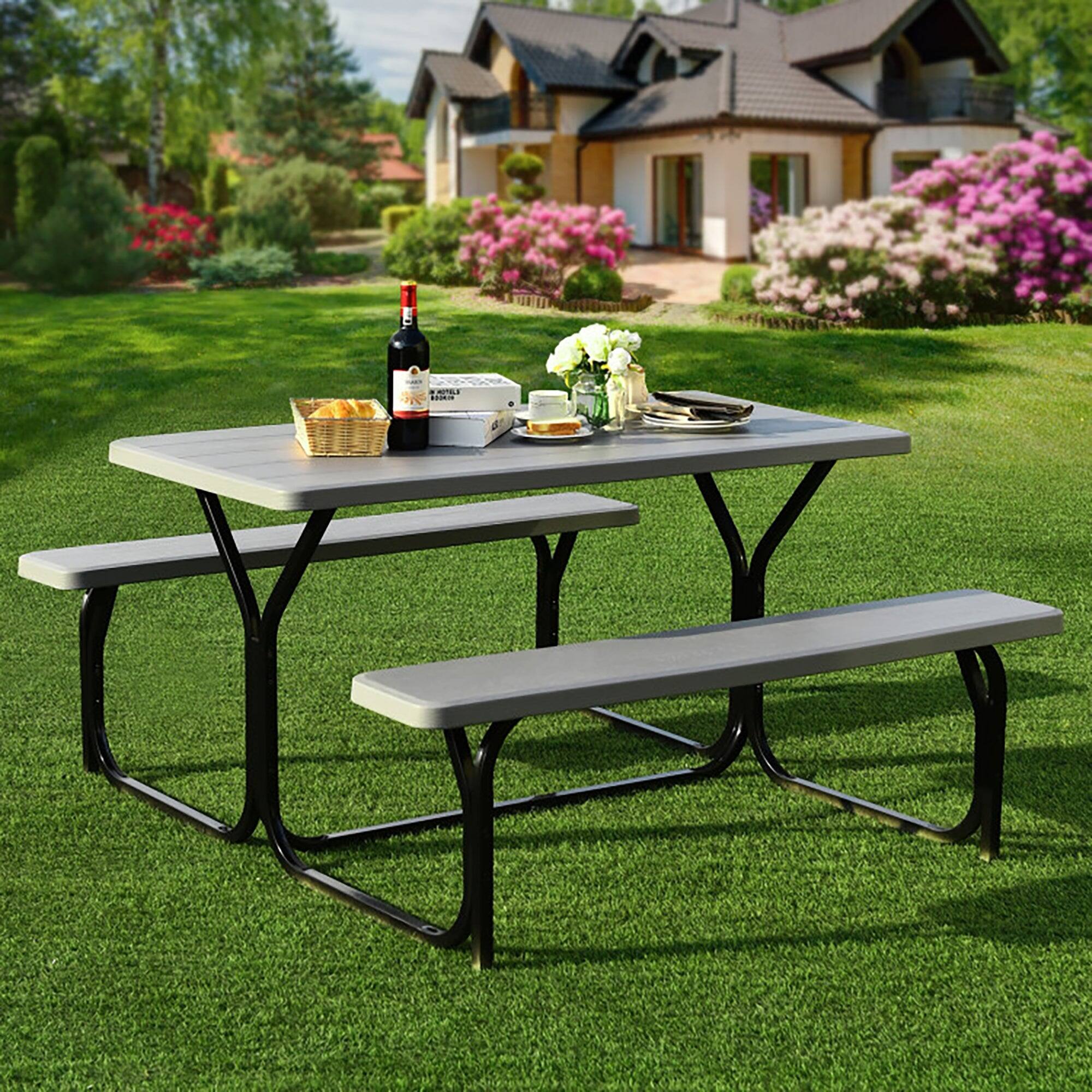 Alt View 1. Boyel Living - HDPE Outdoor Picnic Table Bench Set with Metal Base - Gray.