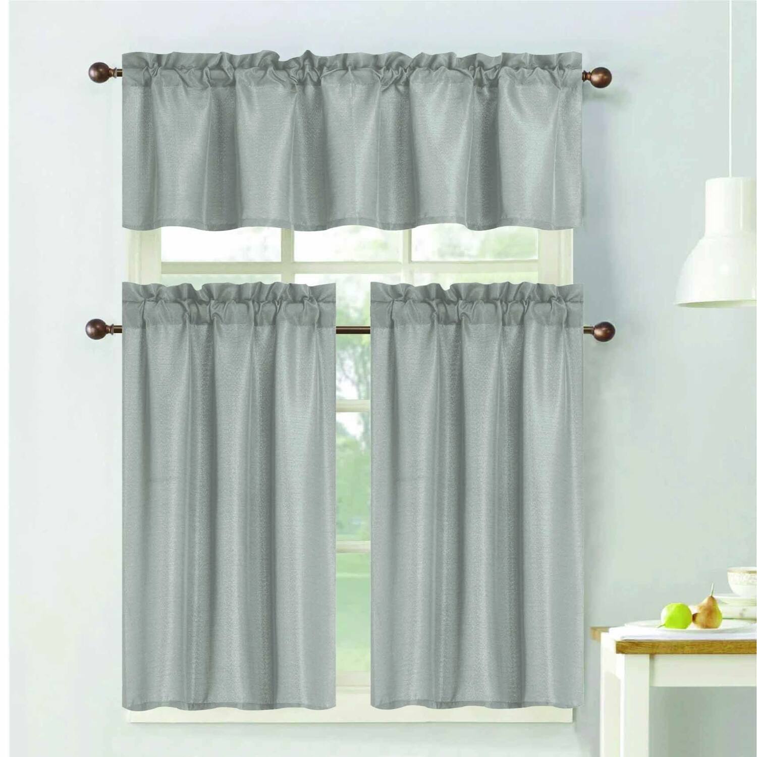 Angle. RT Designers Collection - RT Designers Collection 100% Polyester Gibson Solid 3 PC Kitchen Curtains Valance & Tiers Set 54" x 18" Silver - Silver.