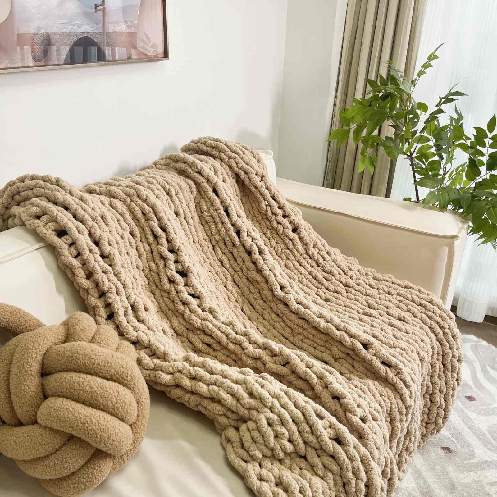 Alt View 5. Dapper Styles - Chunky Knit Blanket Throw 40 x60 Chenille Blankets Handmade Warm Cozy Couch Bed Home Decor Soft Breathable - Tan-40"x40"(Small Size Throw）.