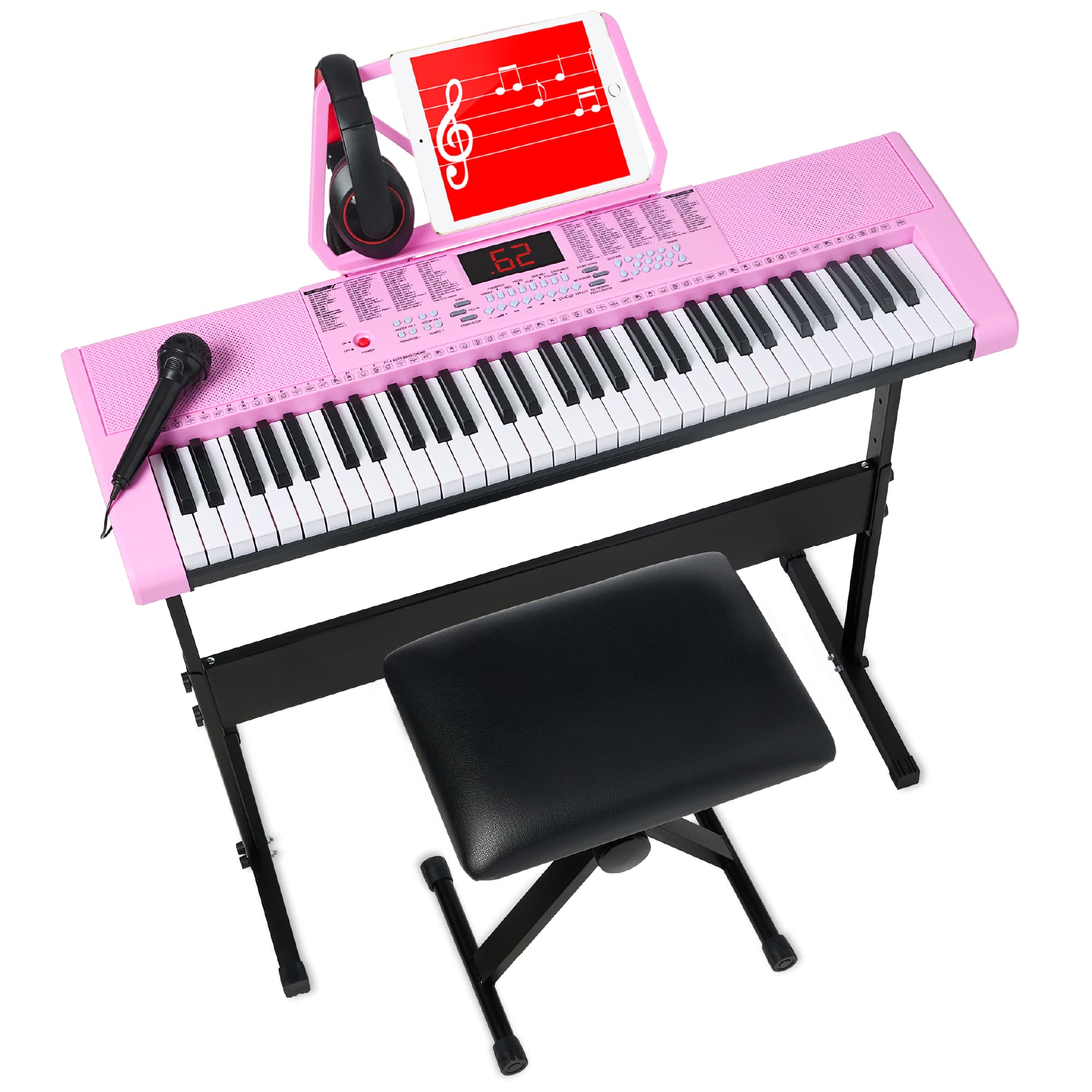 Best Choice Products - 61-Key Beginners Electronic Keyboard Piano Set w/ LED, 3 Teaching Modes, H-Stand, Stool - Pink