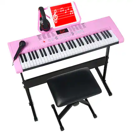 Front. Best Choice Products - Best Choice Products 61-Key Beginners Electronic Keyboard Piano Set w/ LED, 3 Teaching Modes, H-Stand, Stool - Pink - Pink.
