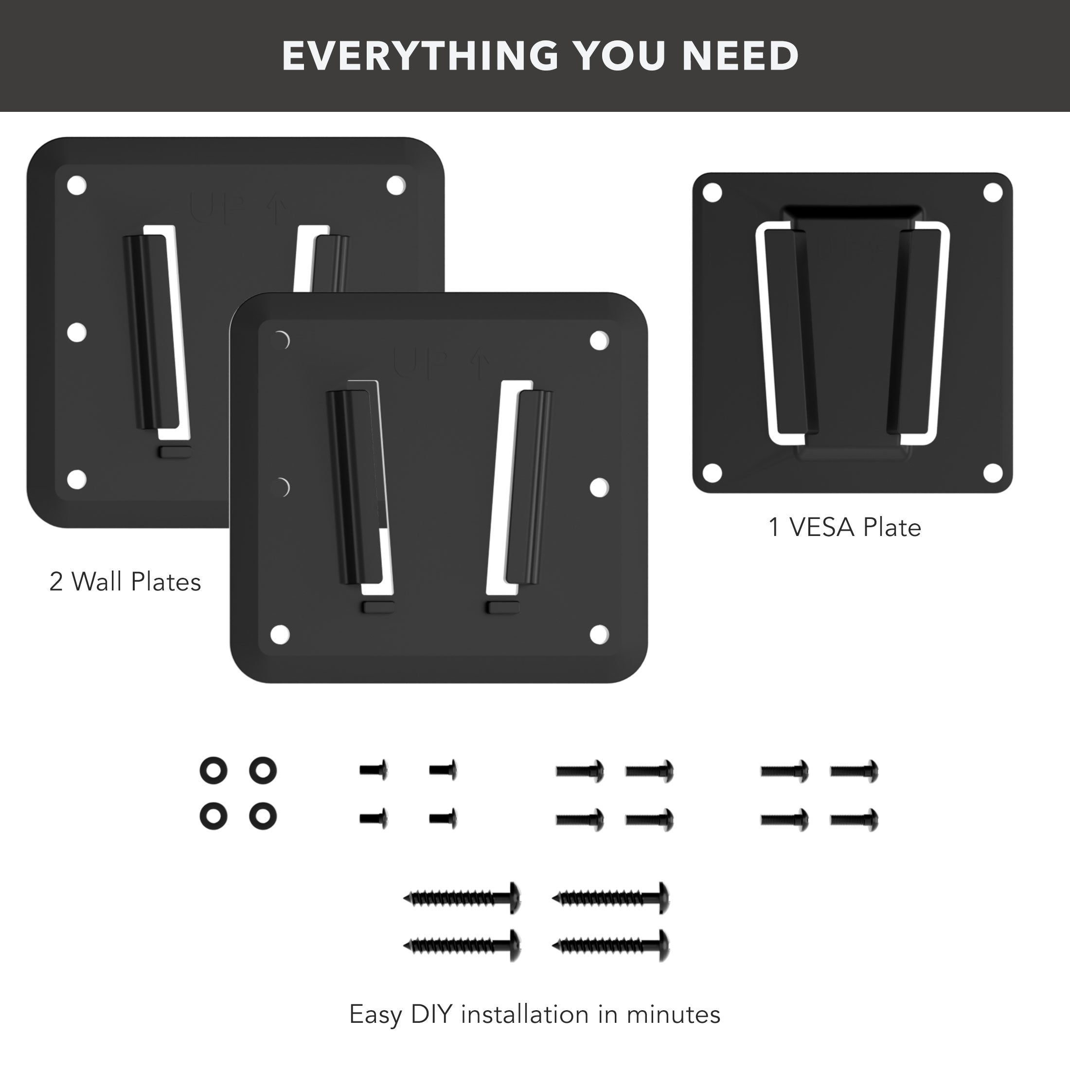 EVERYTHING YOU NEED

2 Wall Plates

1 VESA Plate

Easy DIY installation in minutes