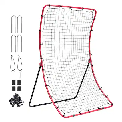 Front. VEVOR - Baseball And Softball Rebounder Net, 4 x 5.5 ft PitchBack Baseball Pitching Nest, Pitch Return Trainer Rebound Net - Red.