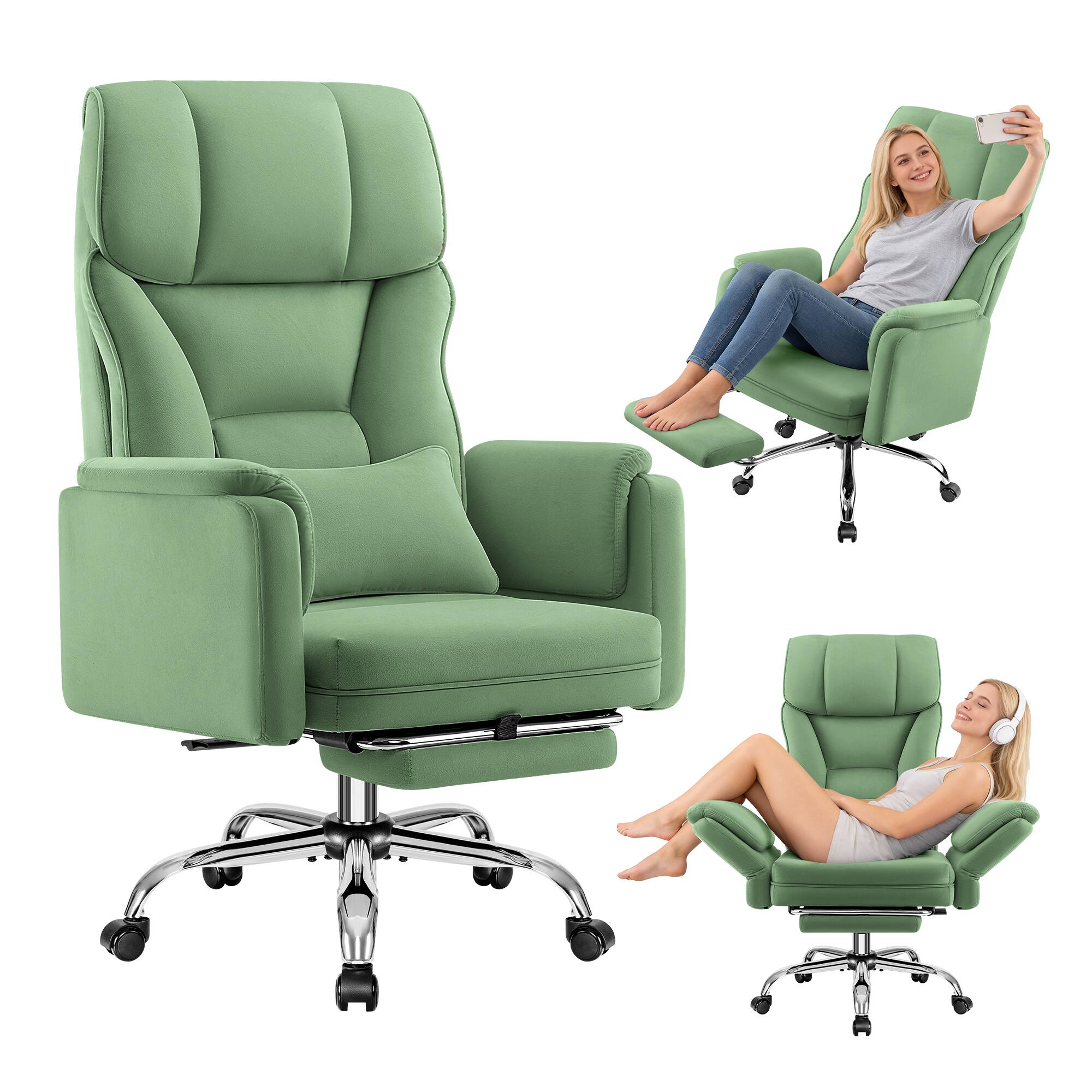 Angle. Brick Attic - 500LBS Ergonomic Velvet Office Chair with Footrest,Wide Cross Legged Executive Chair with Flip-Up Arms, 120°Tilt - Green.