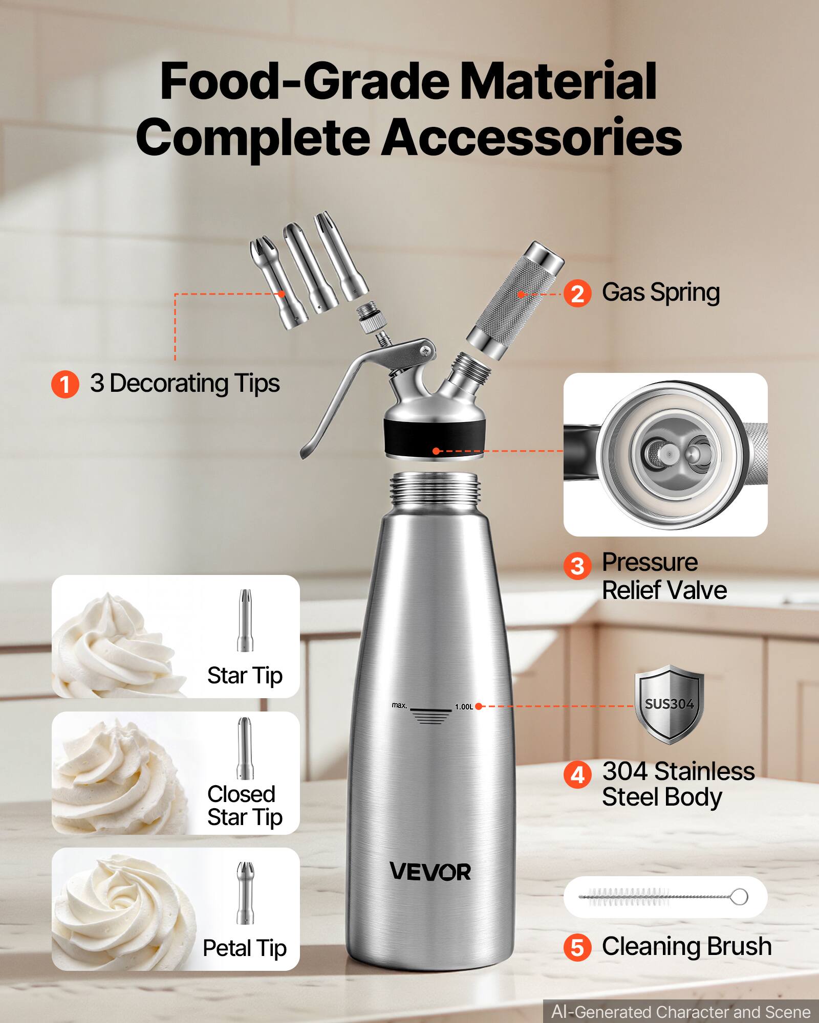 Food-Grade Material Complete Accessories

1. 3 Decorating Tips
   - Star Tip
   - Closed Star Tip
   - Petal Tip

2. Gas Spring

3. Pressure Relief Valve

4. 304 Stainless Steel Body

5. Cleaning Brush

max. 1.00L

SUS304

VEVOR

AI-Generated Character and Scene