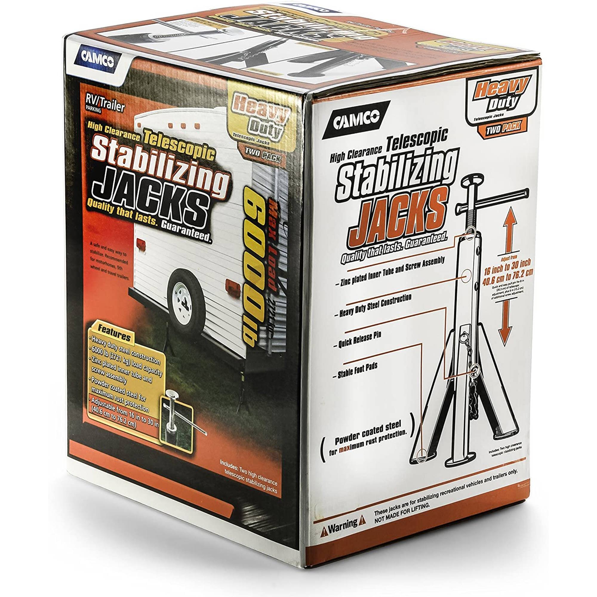 CAMCO Heavy RV/Trailer PARKENG Heavy Duty e - High Quality CAMCO TWO PACK Clearance TIESCI Jaube Telescopic Telescopic TWB PACK High Clearance Stabilizing JACKS Stabilizing Quality that lasts. Guaranteed. x JACKS asts Guaranteed. - f that - Quality Assembly A 38 inch 4 t 60000 Load and Screw 16 inch to Inner Tube 76.2 C plated 40.6 CO ta Zinc Steel Construction Beavy Habry Features Belease Pir Saly Beick 5500 B 0 W 6S Ld Fout Pads www.mbg RIAC be agudey Stable Ponder uc TAEIN 10 15 Adjustable (46 from pAotGdon t 16 76.2 16 30 on) W steel coated protection. Powder rust for maximum Includes: telescopic high trailers only. ceirance and qubilicen cks recreational vehicien for stabilizing jecks are LIFTING These MADE FOR NOT Warning