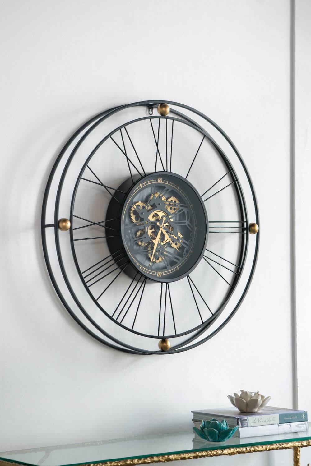Alt View 7. BreeBe - 31.5x3x31.5' Large Gear Clock with Roman Numerals and Thin Metal Frame, Black/Gold - Black.