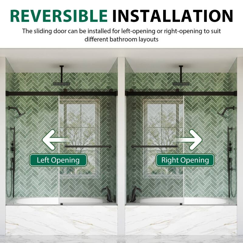 REVERSIBLE INSTALLATION  
The sliding door can be installed for left-opening or right-opening to suit different bathroom layouts  

Left Opening  
Right Opening