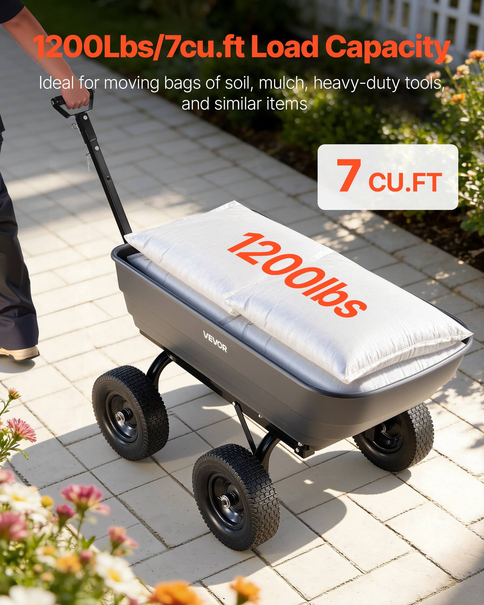 1200Lbs/7cu.ft Load Capacity  
Ideal for moving bags of soil, mulch, heavy-duty tools, and similar items  

7 CU.FT  

1200lbs  

VEVOR