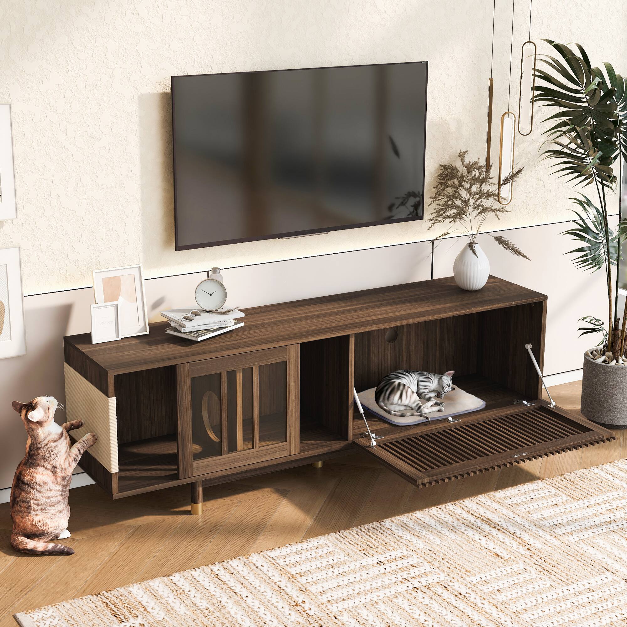Alt View 6. Spaco - Spaco 74" Mid Century Modern Walnut TV Stand with Glass Door, 2 in 1 Cat House Litter Box for Living Room - Walnut.