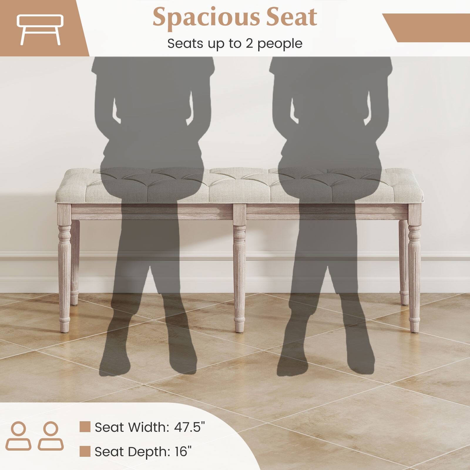 Spacious Seat  
Seats up to 2 people  

Seat Width: 47.5"  
Seat Depth: 16"