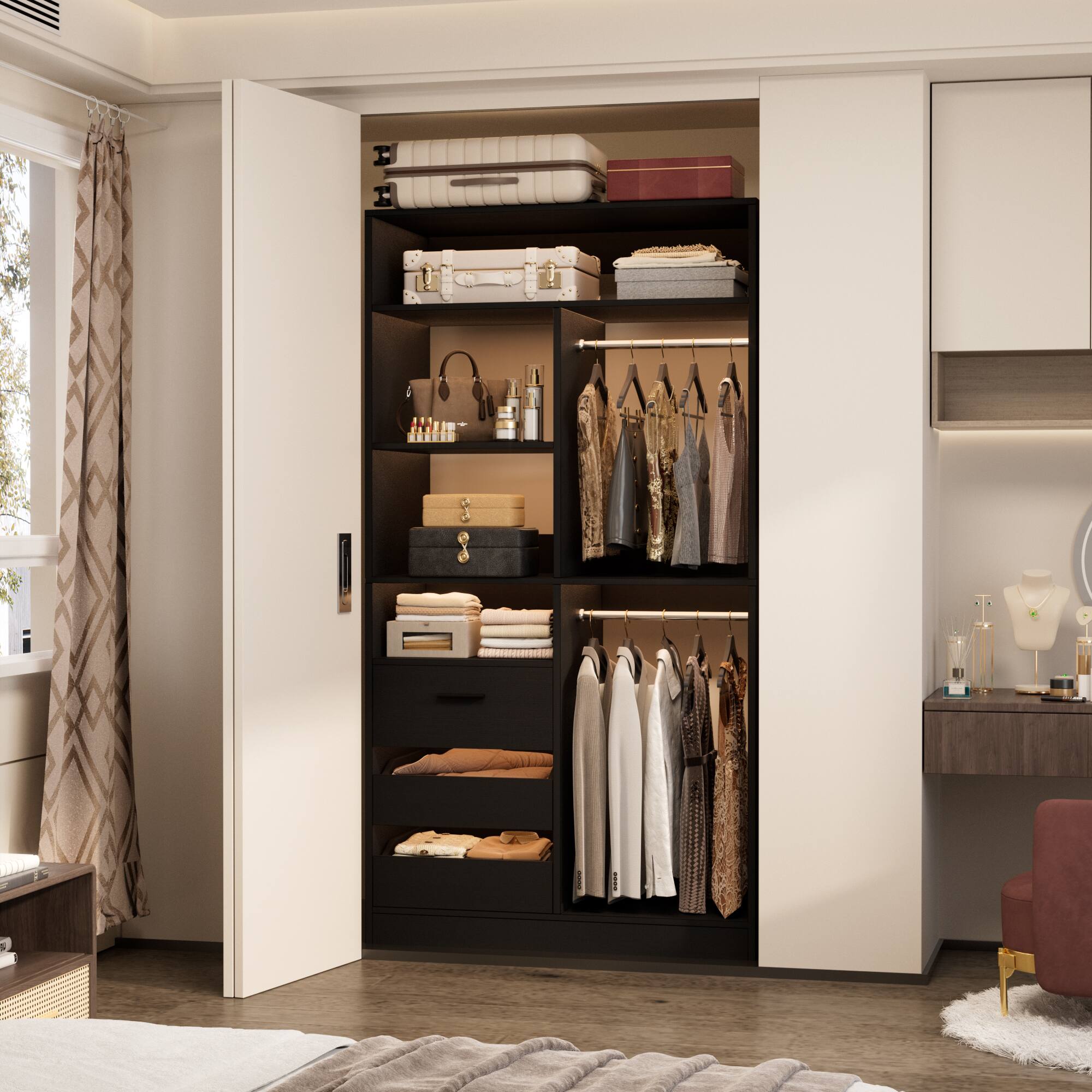 Back. Aheaplus - 72"2-Piece Walk-in Closet Organizer System with 6 Drawers, Hanging Rods & Adjustable Shelves for Bedroom - Black.