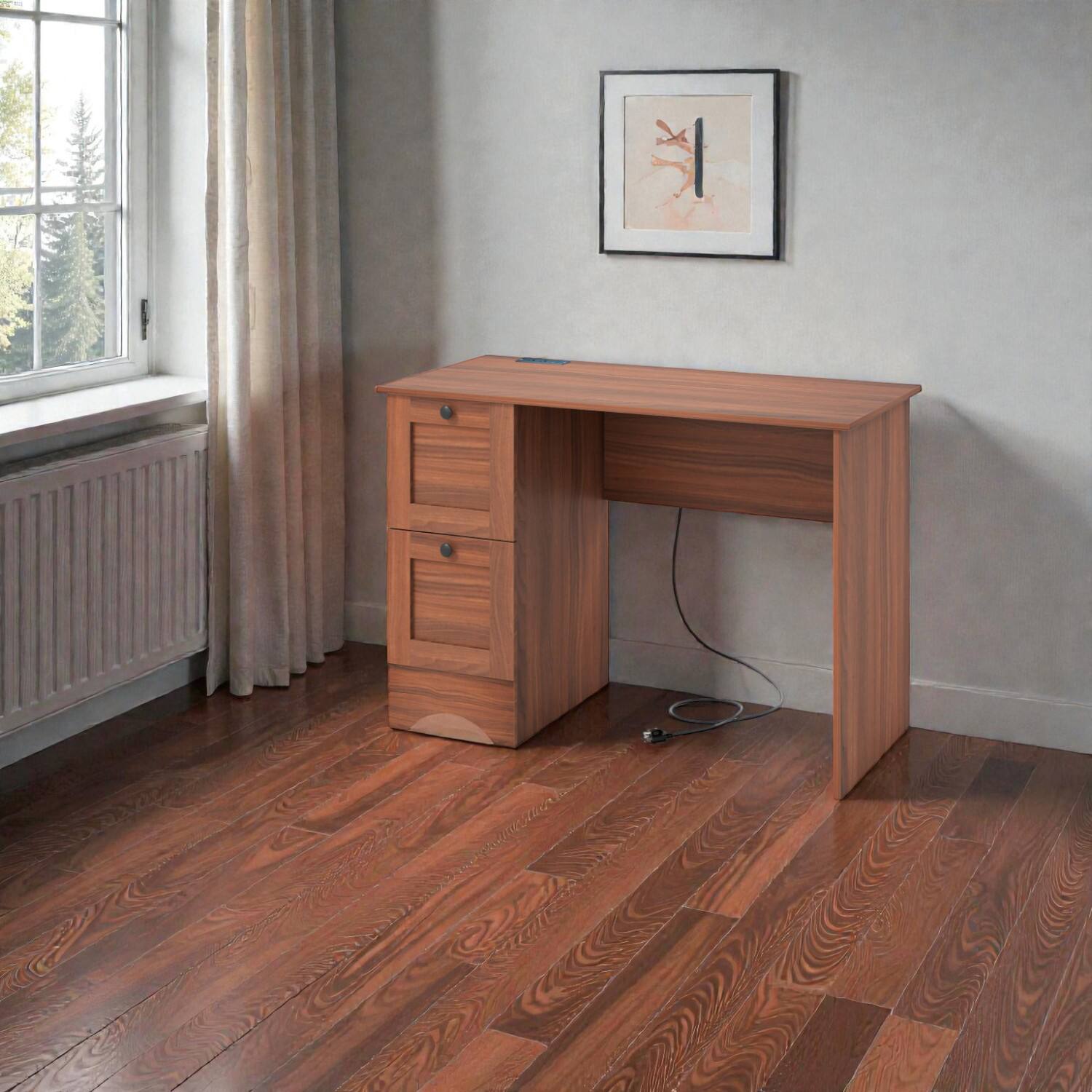 Front. Hivvago - Home & Office Wooden Workstation Desk with Dual Storage Drawers - Walnut.