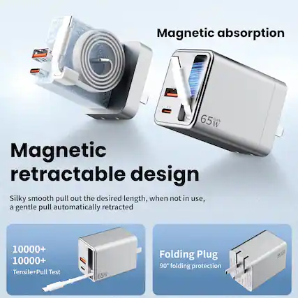 Magnetic absorption
Magnetic retractable design
Silky smooth pull out the desired length, when not in use, a gentle pull automatically retracted
10000+ 10000+ Tensile+Pull Test
65W Folding Plug
90° folding protection
M159