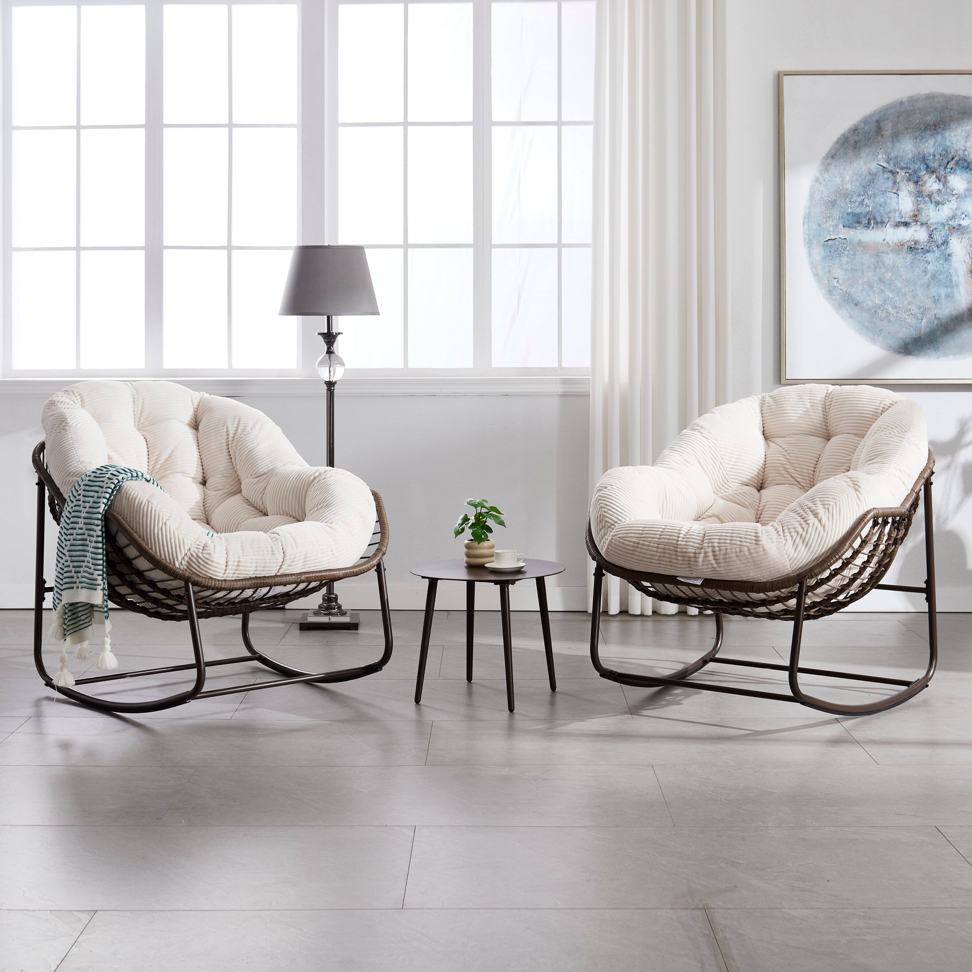 Angle. GOODSILO - Outdoor Rattan Rocking Chair Padded Cushion Rocker Recliner for Porch, Living Room, Patio, Garden - White.