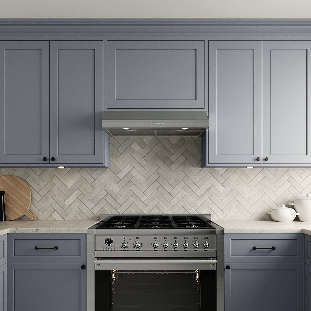 Left. Streamline - 30 in. Cassino Ductless Undermount 165 CFM Range Hood, Mesh Filters, Push Button Control, LED Lights - Brushed Stainless Steel.