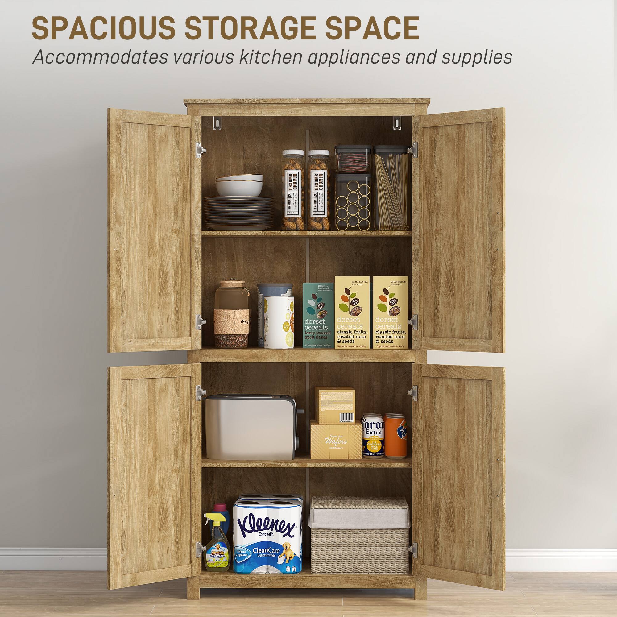 SPACIOUS STORAGE SPACE Accommodates various kitchen appliances and supplies | | | | | | - | d d dorset dorcet dorset - corenia cereals percais  vAma sntAIN PUISA TNANU ImIrA m  Pe nuste e ote + sada + ceda | . | - - - . - Wafers | oro Extre  20  I Kleenex Catmelte - CleanCare - I - - n n