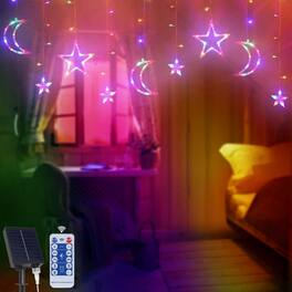 Oumilen - Solar Curtain Lights, 138 LED Star Moon String Lights with 8 Lighting Mode
