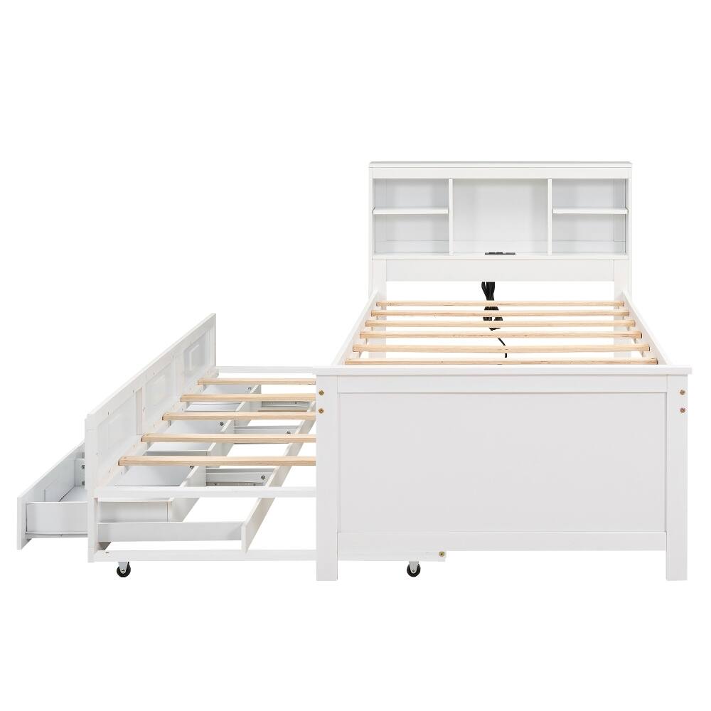 Alt View 9. Loheer - Loheer Twin Platform Bed with Storage Headboard Trundle White - White.