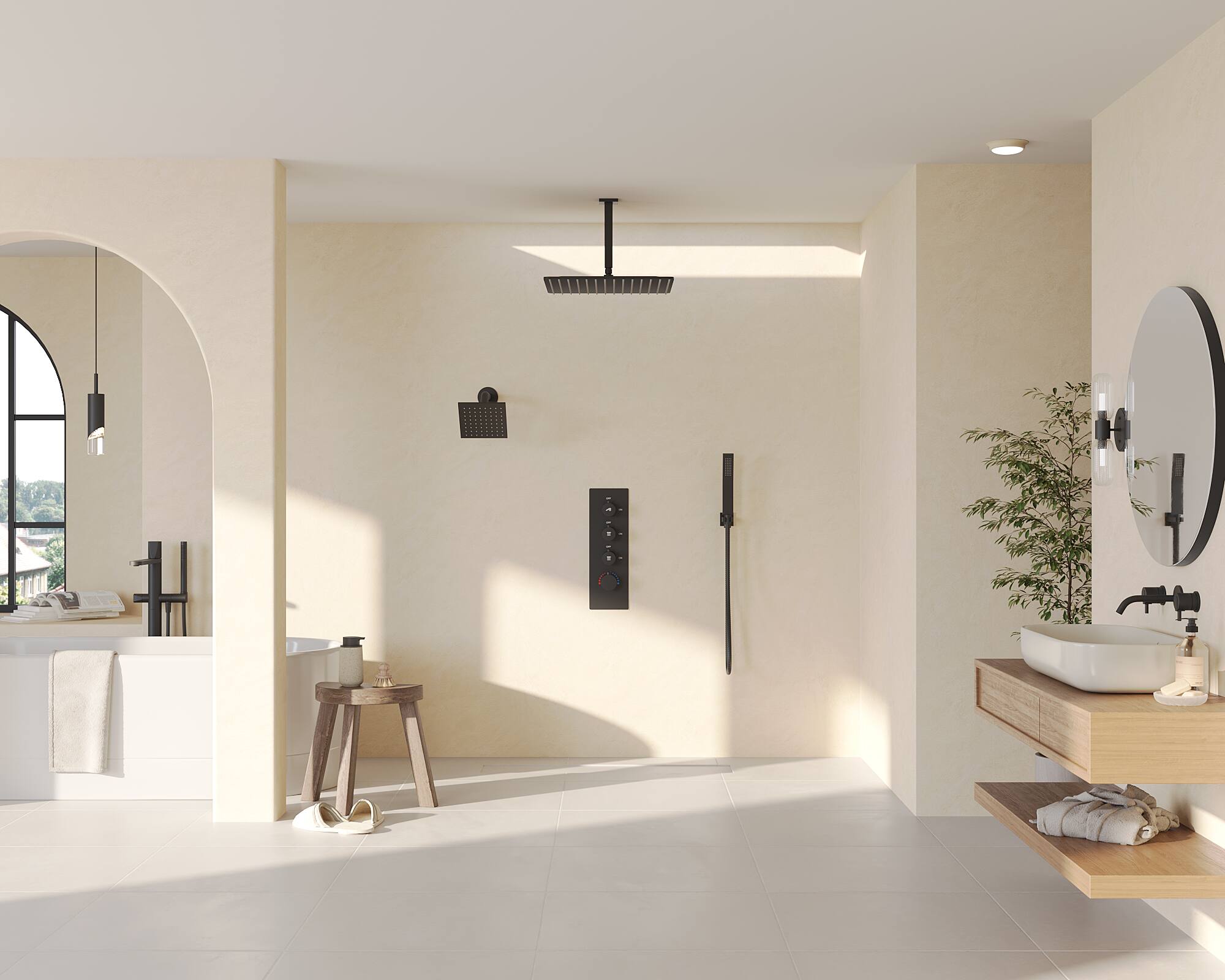 Left. GRANDJOY - Modern Thermostatic Anti-Scald Shower Faucet Set with Multi-Function Head & Flexible Hose - Matte Black.