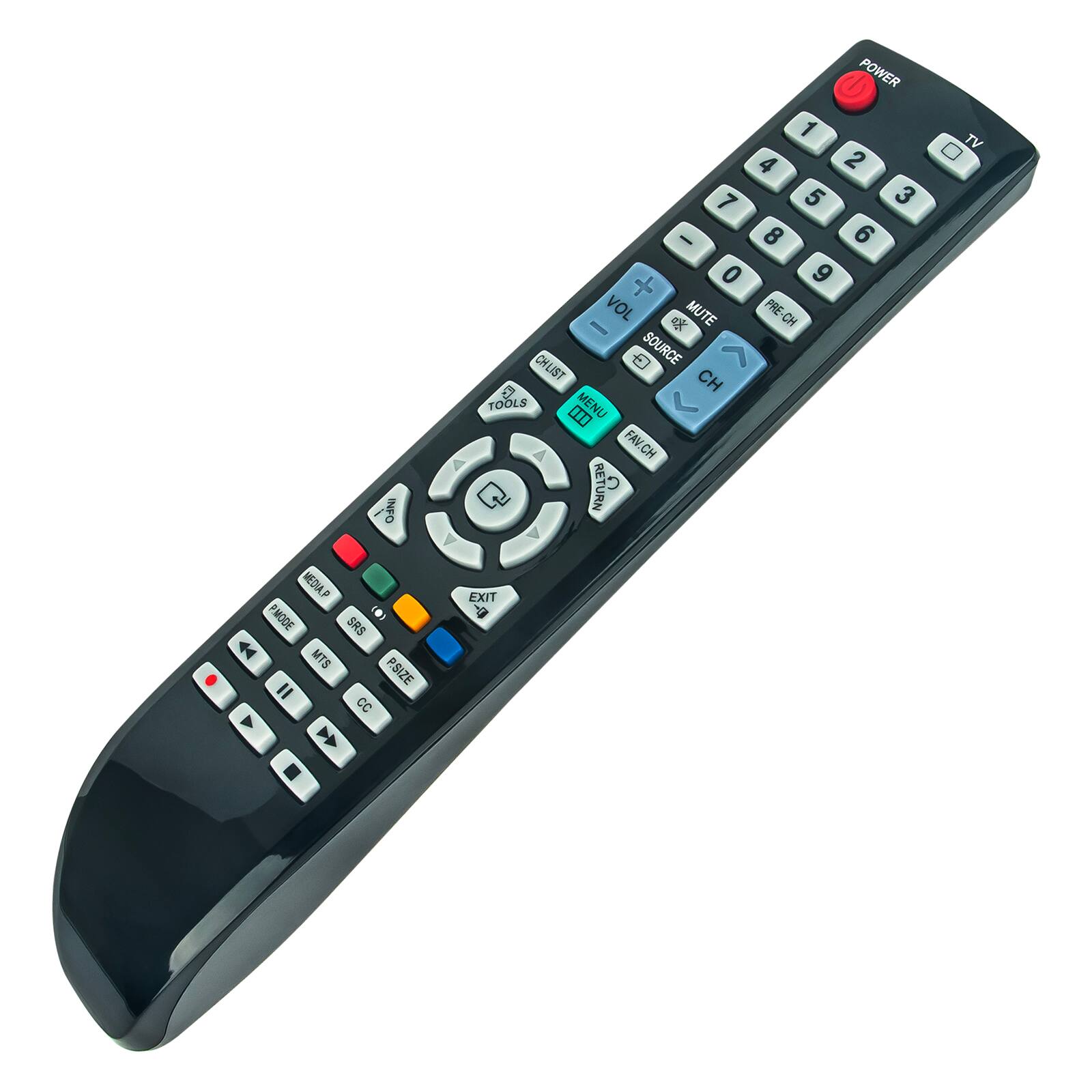 INFO POWER 1 2 3 4 5 6 7 8 9 0 VOL MUTE PRE-CH CH CHLIST O SOURCE 9 CH TOOLS MENU FAV.CH RETURN TV MEDIALP PIMODE SRS MTS P.SIZE = CC Y EXIT