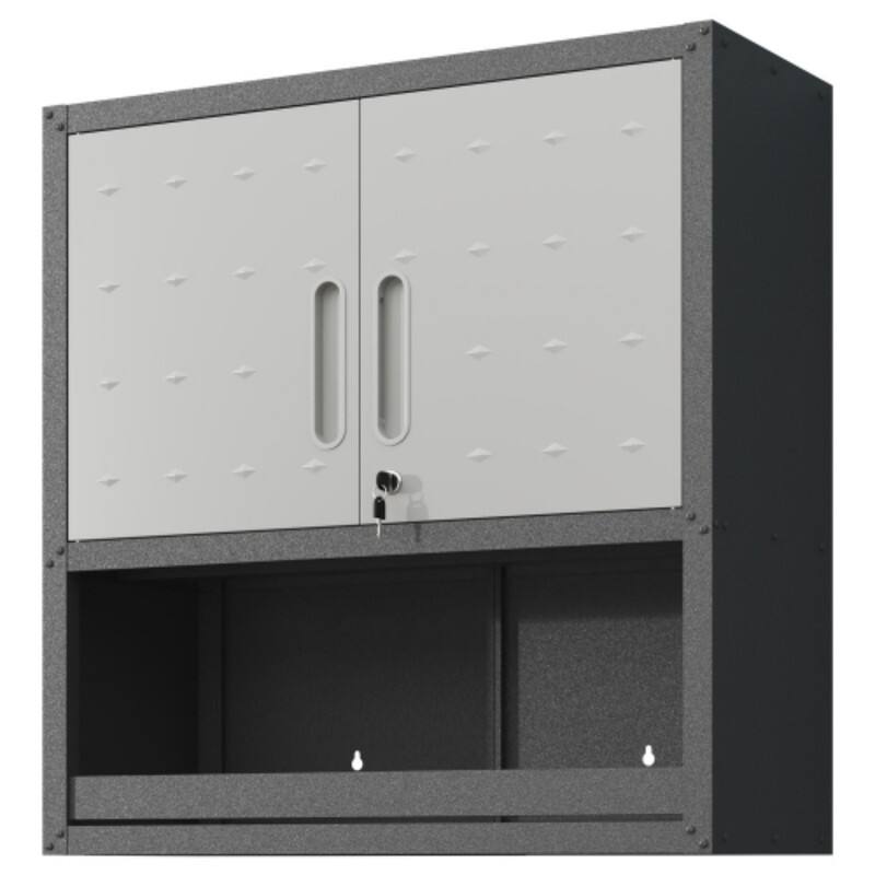 Left. ALEXOUN - Metal Wall-Mounted Tool Storage Cabinet - with Locking Door, 1 Shelf & 1 Open Drawer, for Garage, Office, Warehouse - Gray.