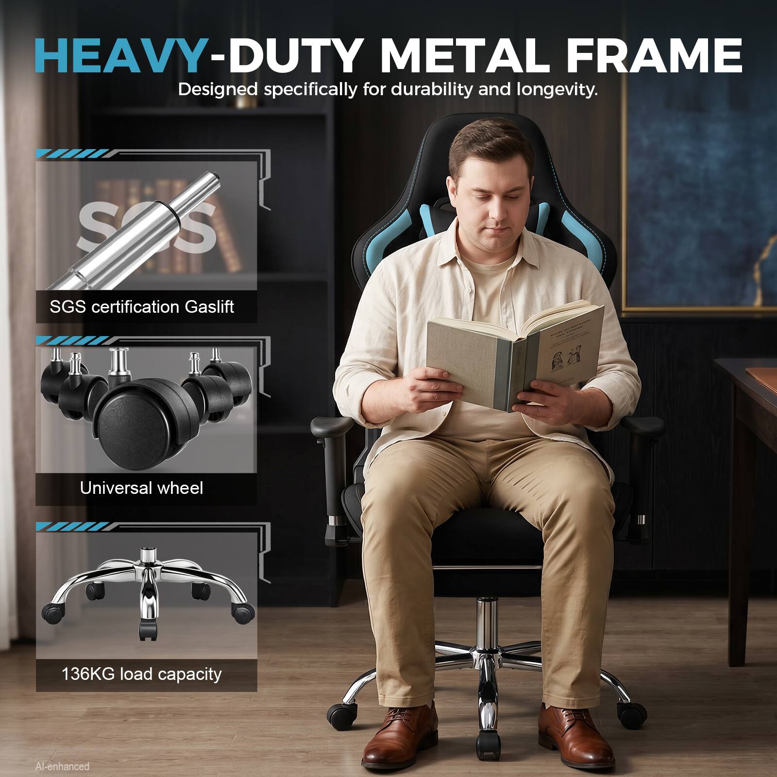 HEAVY-DUTY METAL FRAME  
Designed specifically for durability and longevity.  

SGS certification Gaslift  
Universal wheel  
136KG load capacity  
Al-enhanced