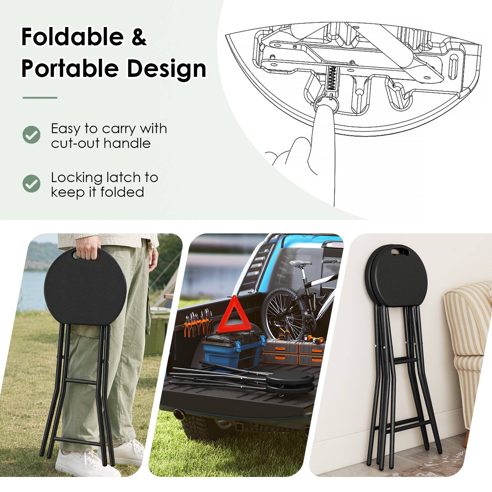 Foldable & Portable Design

- Easy to carry with cut-out handle
- Locking latch to keep it folded