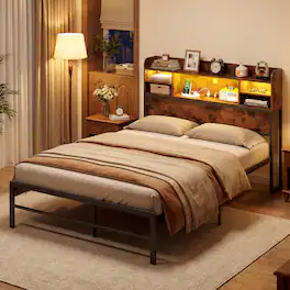 Gymax - Full Size Bed Frame w/LED Lights&Charging Station Industrial Metal Platform Bed - Brown